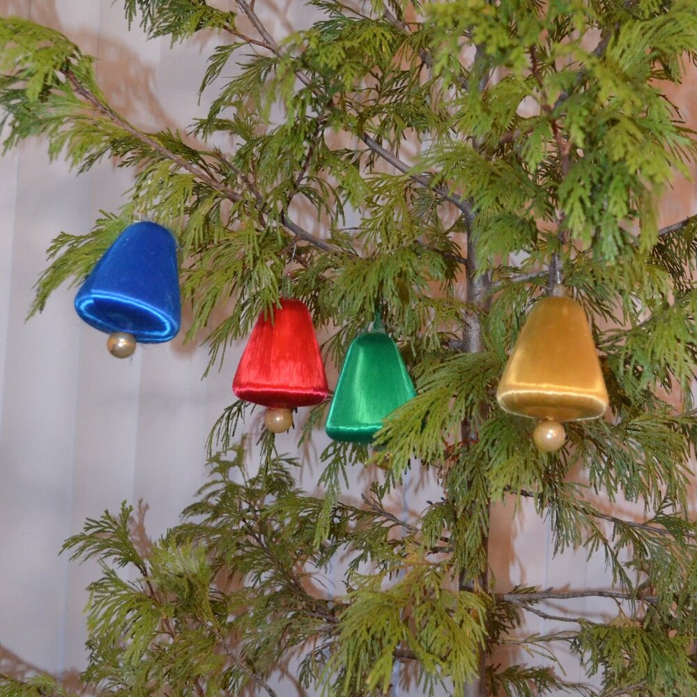 Hand Made 4 Bells Holiday Ornaments Red-Yellow-Green-Blue Styrofoam Nylon Thread